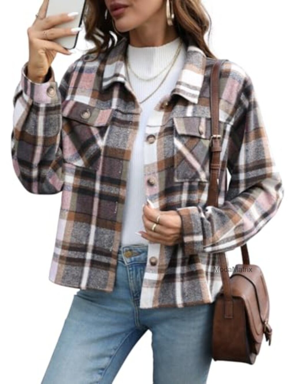 Brushed Flannel Cropped Shacket Button Down Plaid Long Sleeve Casual Jacket